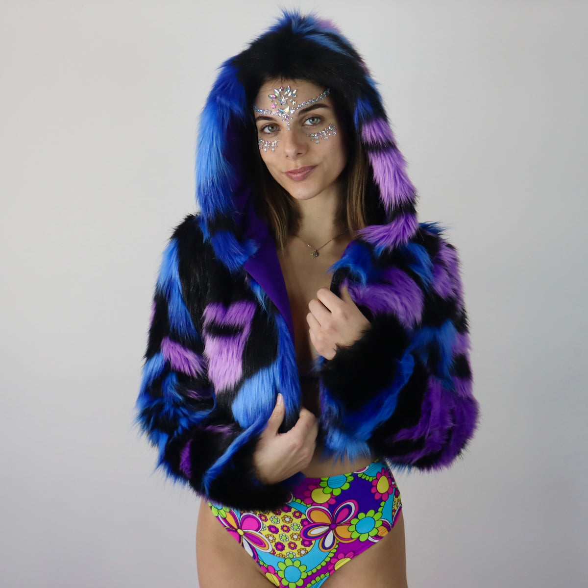 Black and Purple Mix Cropped Fur Coat