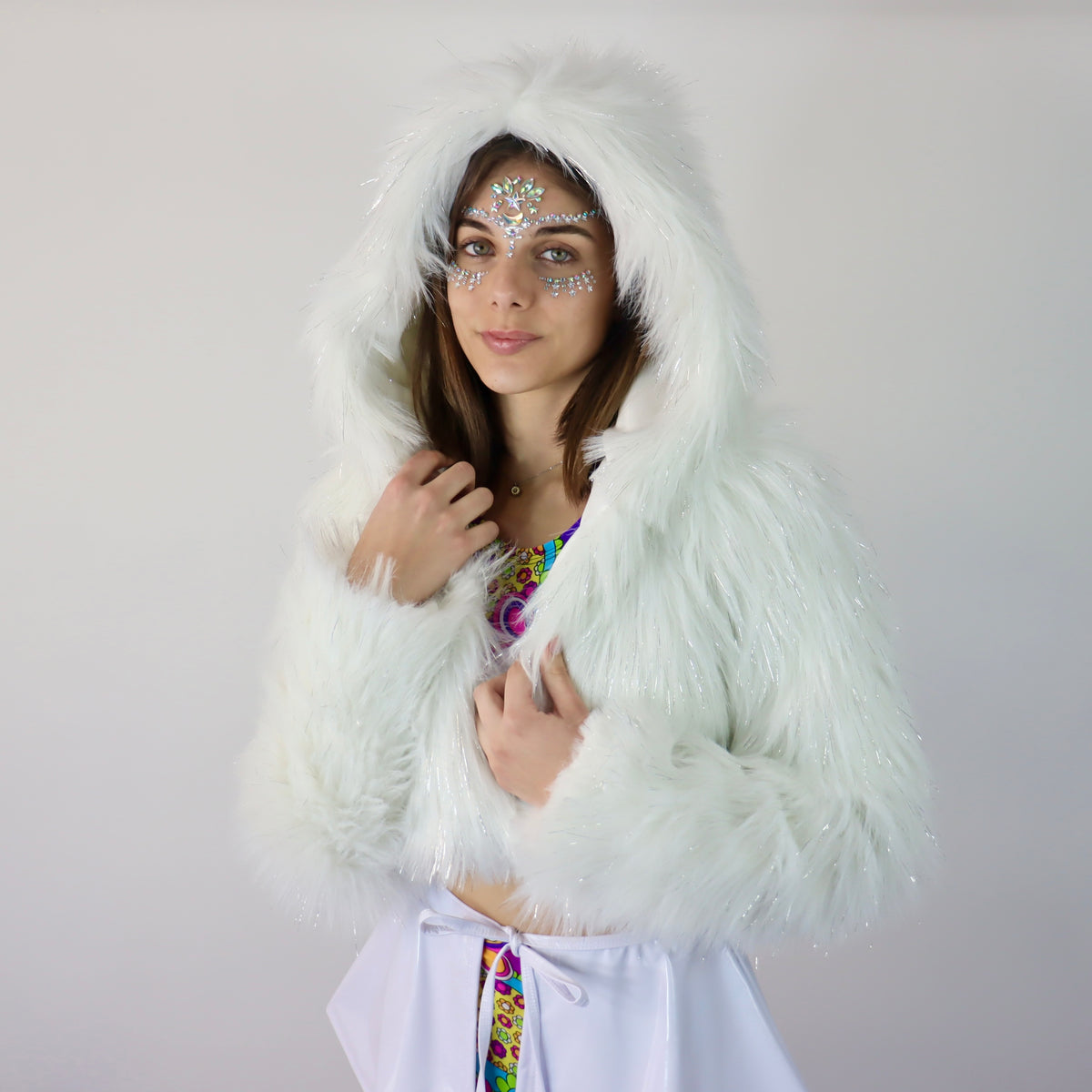White and Silver Cropped Fur Coat