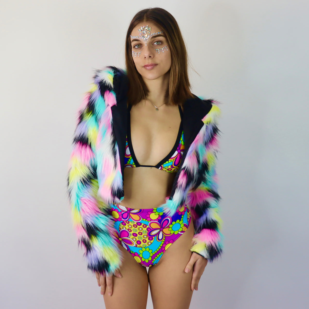Mix Patches Cropped Fur Coat