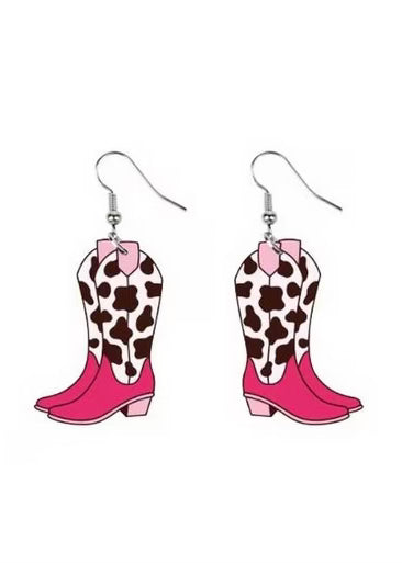 Pink Cow Print Cowboy Boots Earrings