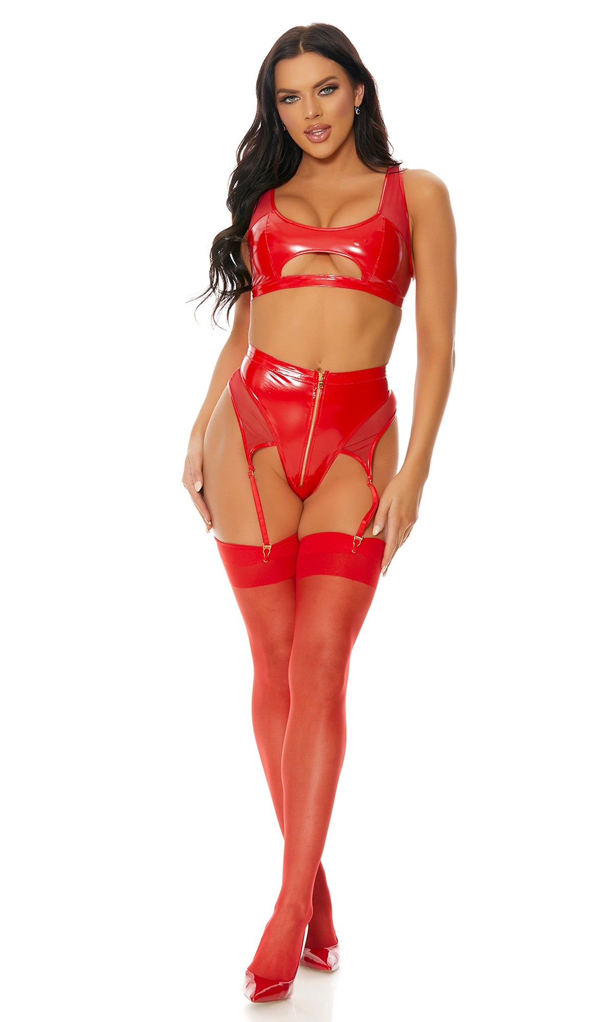 Nightly Duo Vinyl Contrast Lingerie Set-RED