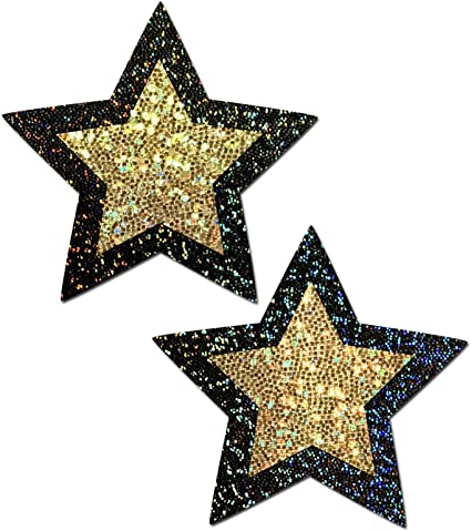 Black Glitter Star with Petite Gold Glitter Center Nipple Pasties
