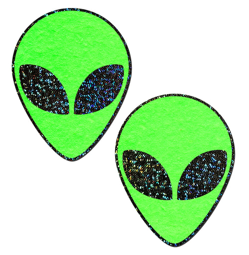 Alien: Neon/Glow in the Dark Green & Black Glitter Eyes Nipple Pasties 