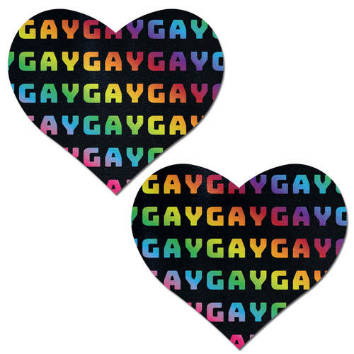 Love: Rainbow 'GAY' Pattern on Black Heart Nipple Pasties
