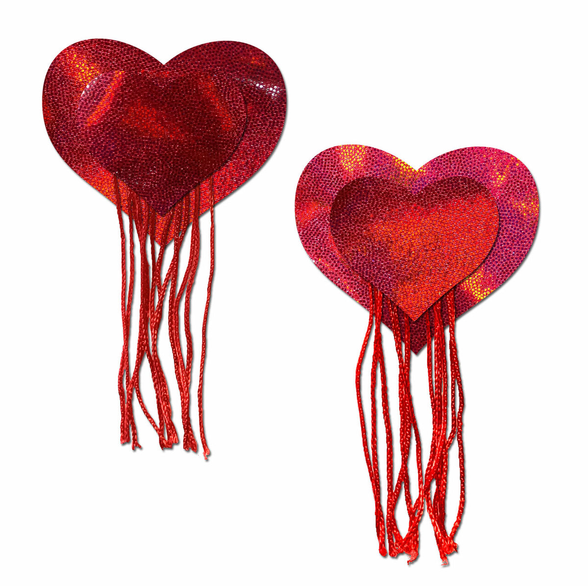 Tassels: Red Holographic Hearts with Tassel Fringe Nipple Pasties