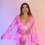 Disco Twinkle Sequin Bell Sleeves Wrap Around Top
