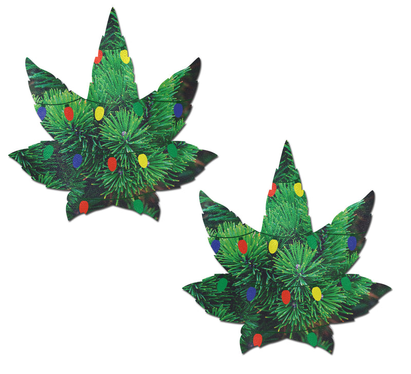 Indica Pot Leaf: Pine Tree with Holiday Lights Weed Nipple Pasties