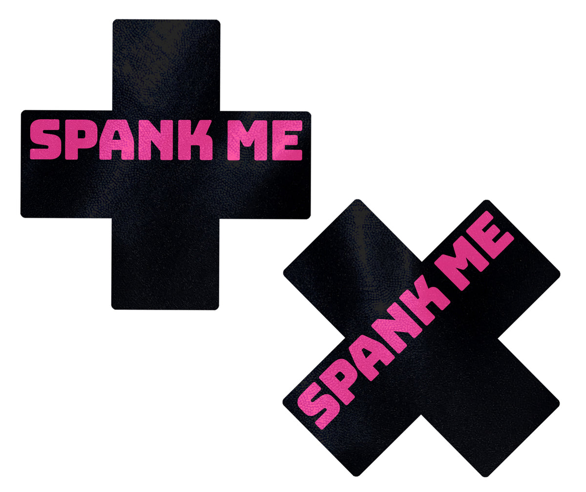 Plus X: Liquid Black Cross with Pink 'Spank Me' Nipple Pasties