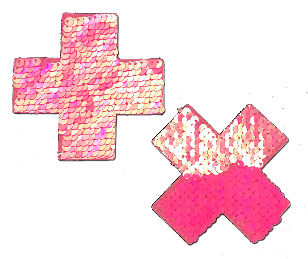 Plus X: Hot Pink & Matte Pink Flip Sequin Cross Nipple Pasties