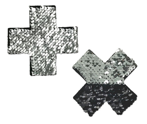 Plus X: Silver & Black Flip Sequin Cross Nipple Pasties