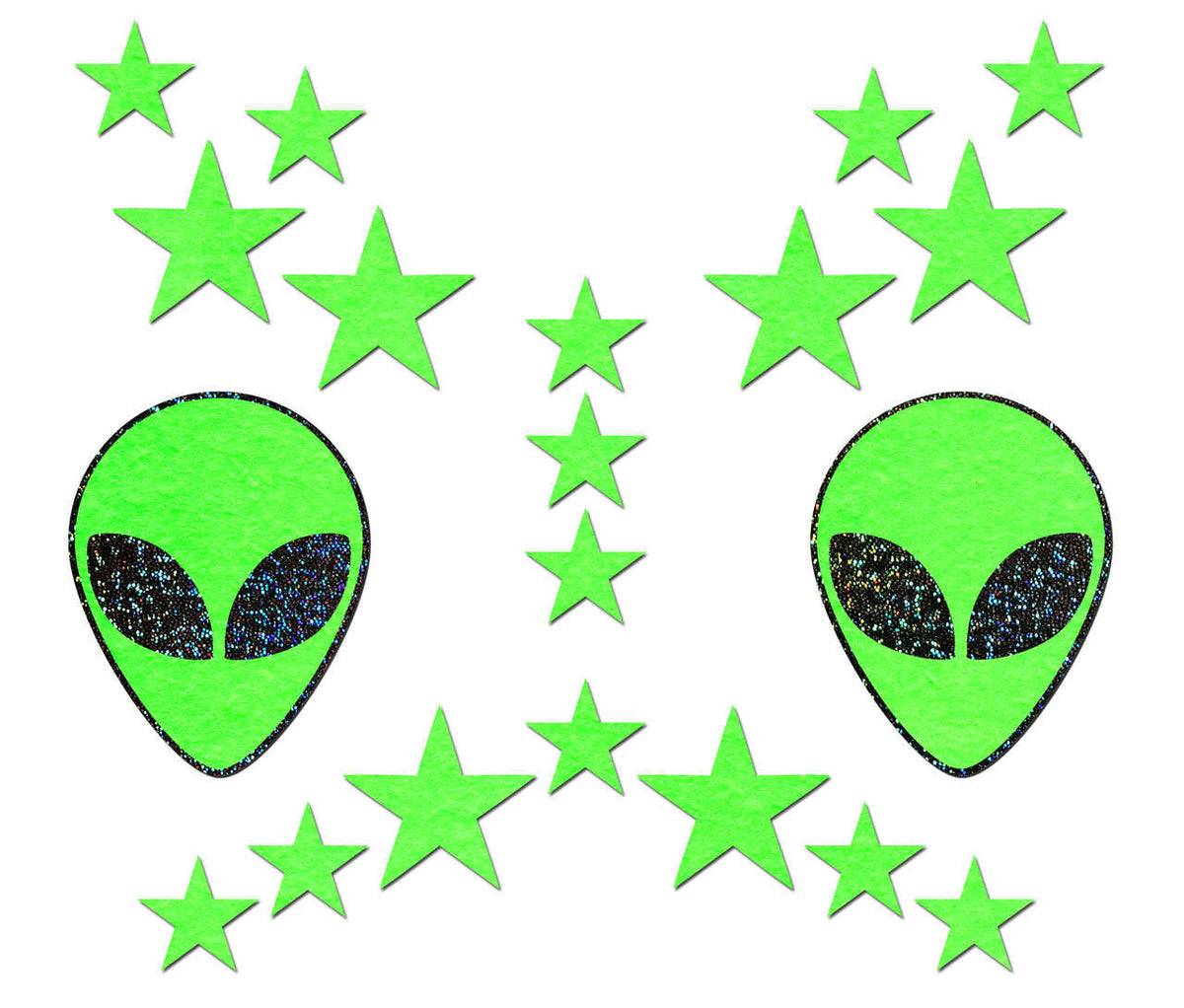 Set: Neon/Glow in the Dark Green & Black Alien with 6 Mini Glow Stars and 10 Baby Glow Stars Nipple & Body Pasties