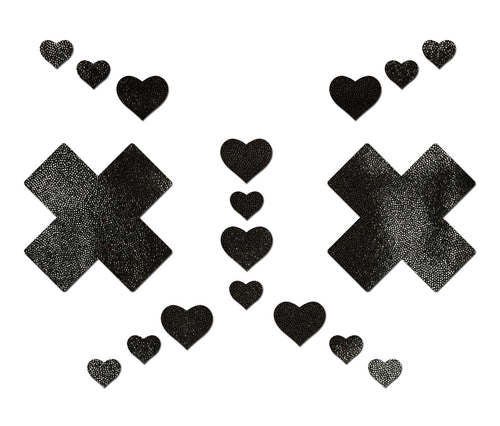 Set: Liquid Black Plus X Cross with 6 Mini Hearts and 10 Baby Hearts Nipple & Body Pastie